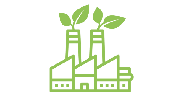 An icon of an industrial plant with leaves coming out of the stacks to represent green industry