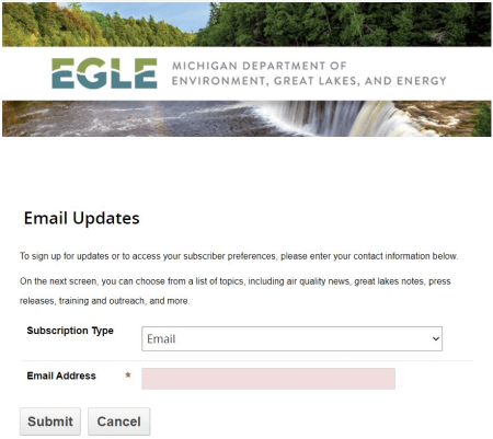 Screenshot of GovDelivery subscription sign up webpage