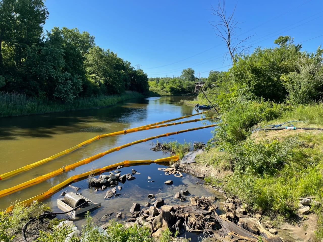 Booms placed on the Flint River following a pollution report in 2022. 