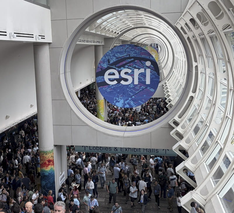 Aerial view of ESRI 2026 User Conference site in San Diego, showing a throng of attendees.  