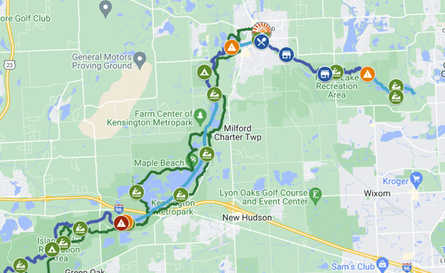 Map of the Huron River Water Trail, through Proud Lake, Milford Pond, and Kent Lake