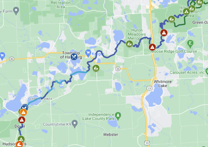 Map of the Huron River Water Trail, through the Island Lake Recreation Area, Huron Meadows, and Chain of Lakes