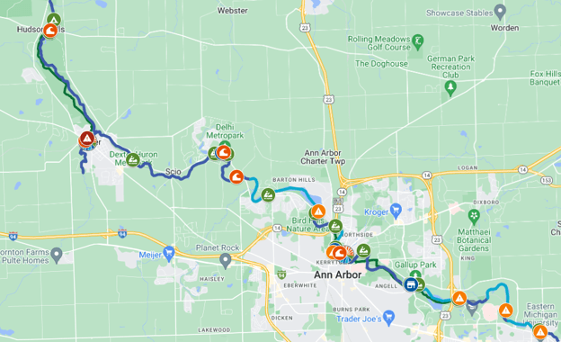 Map of the Huron River Water Trail, through Rapids, Barton Pond, Argo Pond, Gallup Pond, and the Pen Impoundment