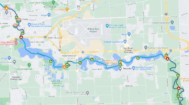 Map of the Huron River Water Trail, through Ypsilanti Rapids, Ford Lake, Belleville Lake