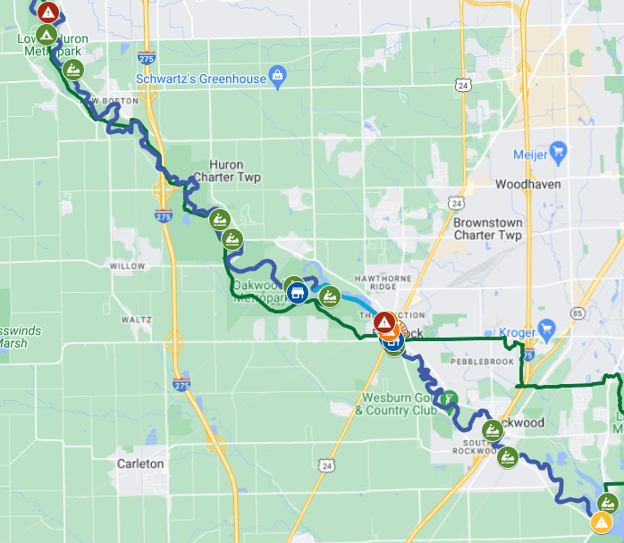 Map of the Huron River Water Trail, from Flat Rock Dam to Hull's Trace