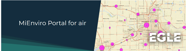 Air Quality MiEnviro Portal for Air webpage banner showing a map with purple dots around it.