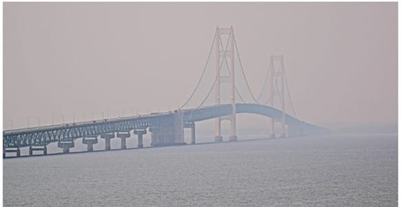 Mackinac Bridge covered in wildfire smoke.