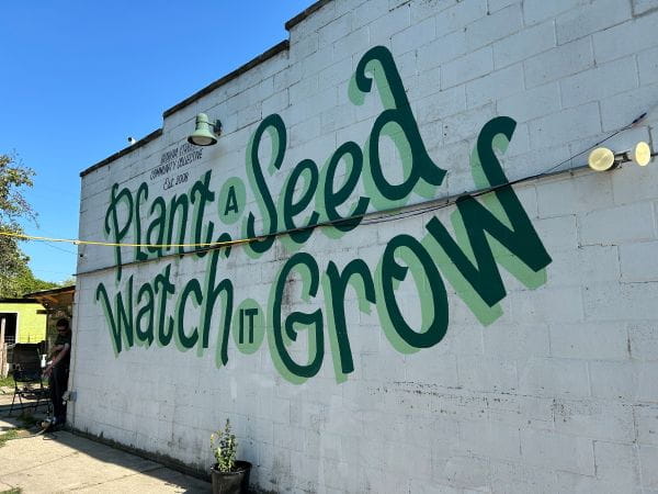 The side of the Georgia Street Community Collective building features a message: Plant a seed, watch it grow.