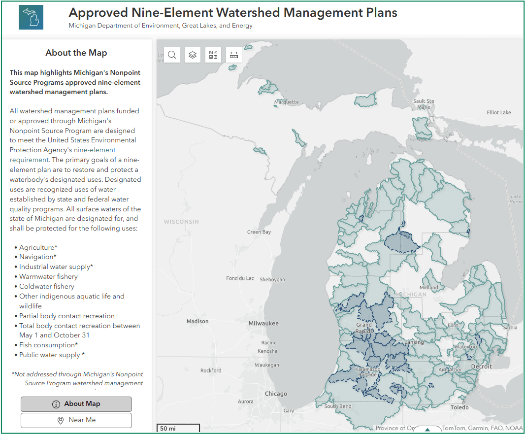 A screen shot of the Nonpoint Source Program’s Approved Nine-Element Watershed Management Plan Web Map.