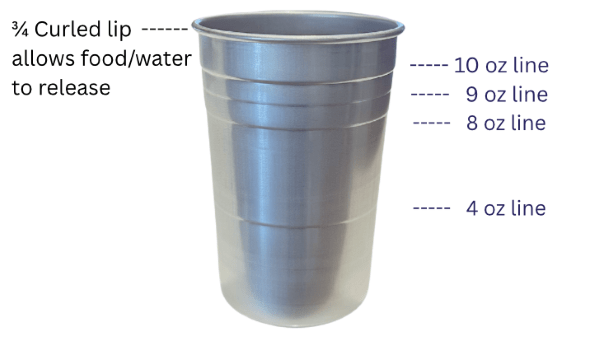 Reusable stainless steel cup funded with the help of an EGLE grant. 3/4 curled lip allows food/water to release. Lines on the 10 oz, 9 oz, 8 oz, and 4 oz marks