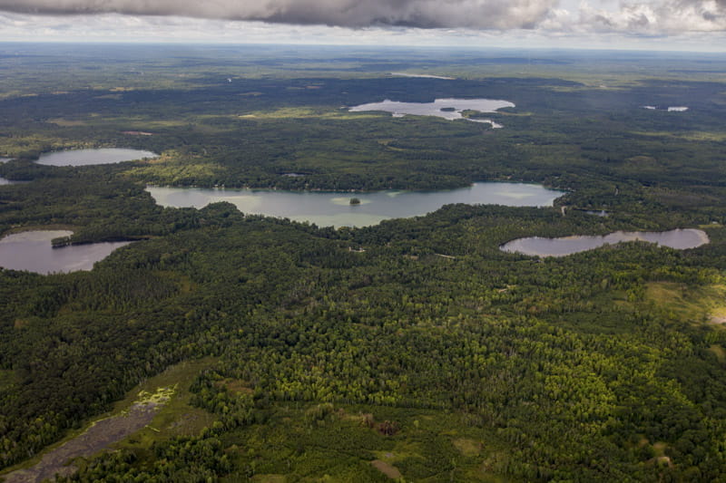 Aerial view of several lakes in Northern Michigan.