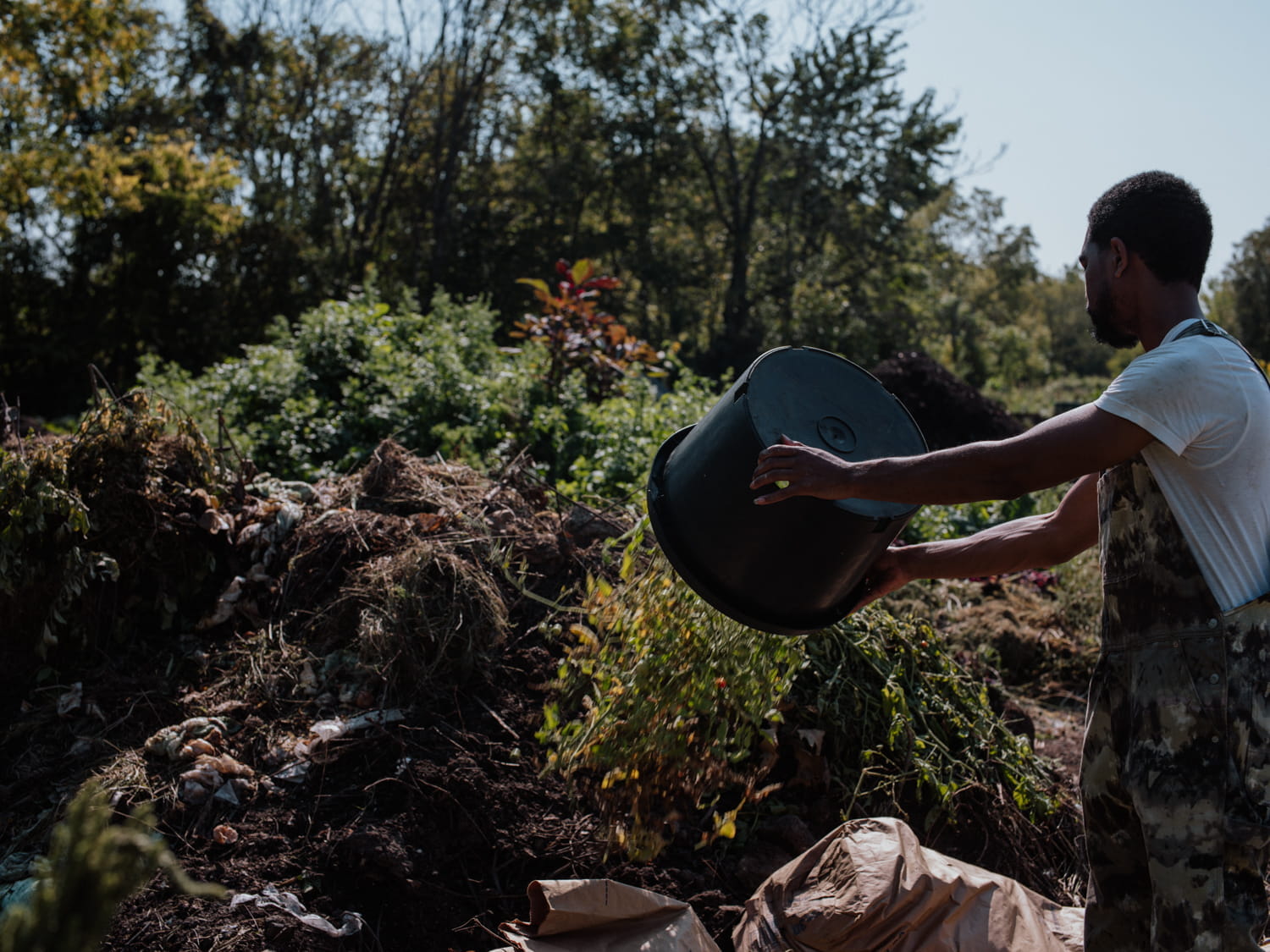 Man at Sanctuary Farms empties bucket at compost site.