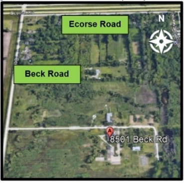 Aerial view of the corner of Beck Road and Ecorse Road at the University of Michigan