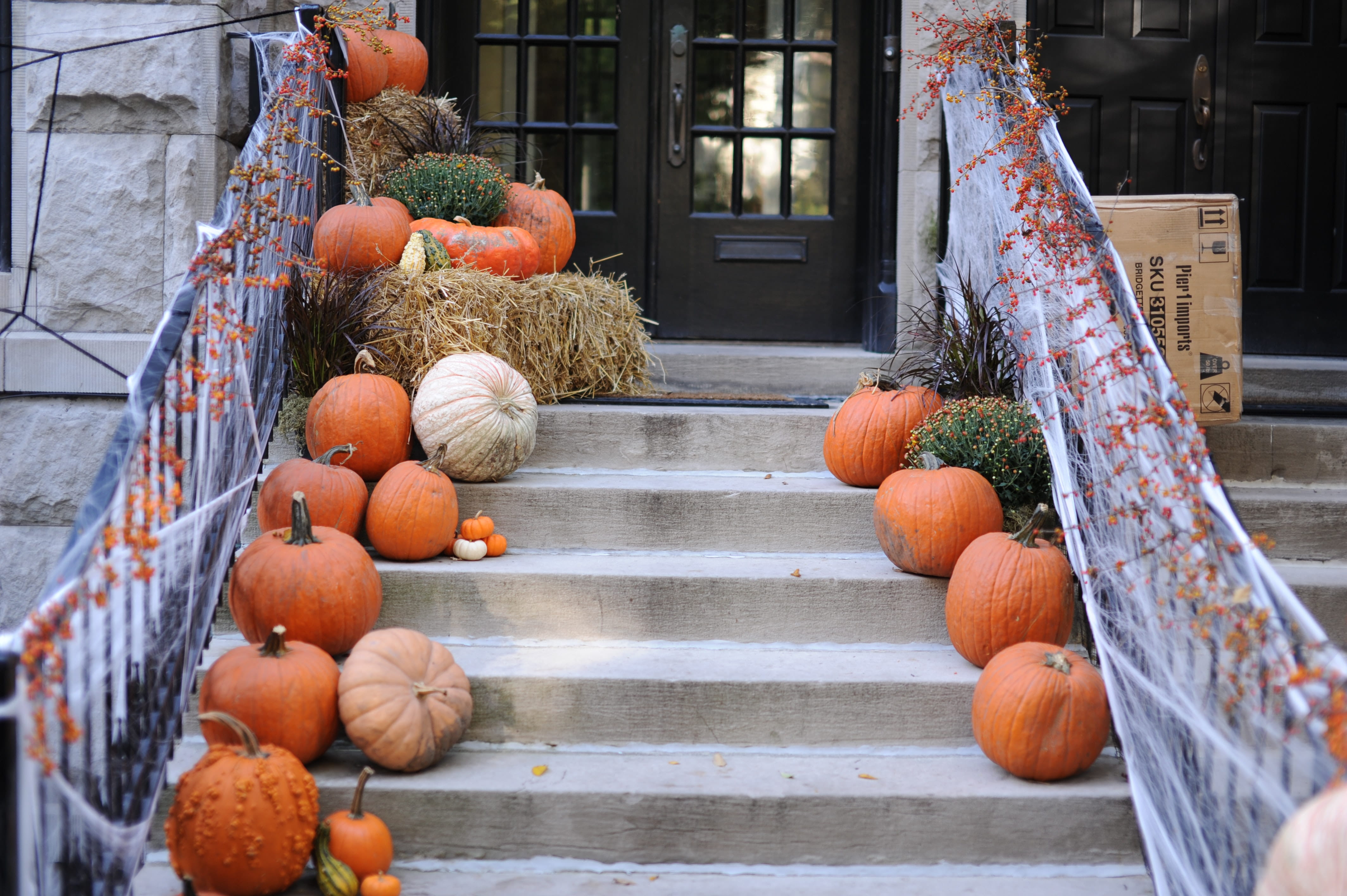 Pumpkins on a stoop. 
