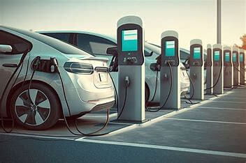 Picture of multiple EV chargers and cars