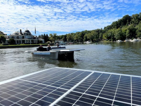 Lilypad -- a solar-powered boat – at a demonstration event in Saugatuck, Michigan, on Sept. 23, 2022.