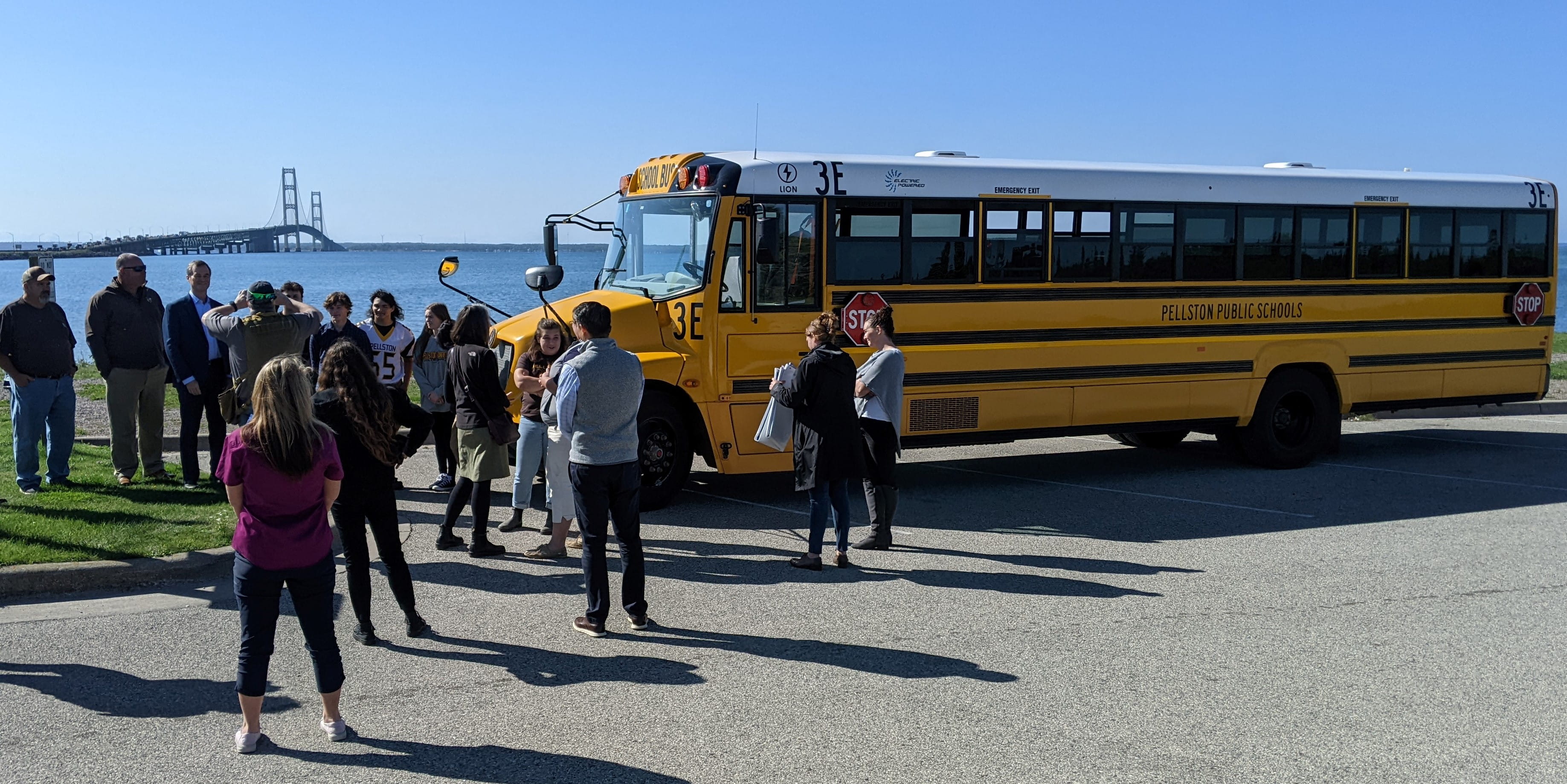 Pellston school district electric school bus at Mackinac Bridge.