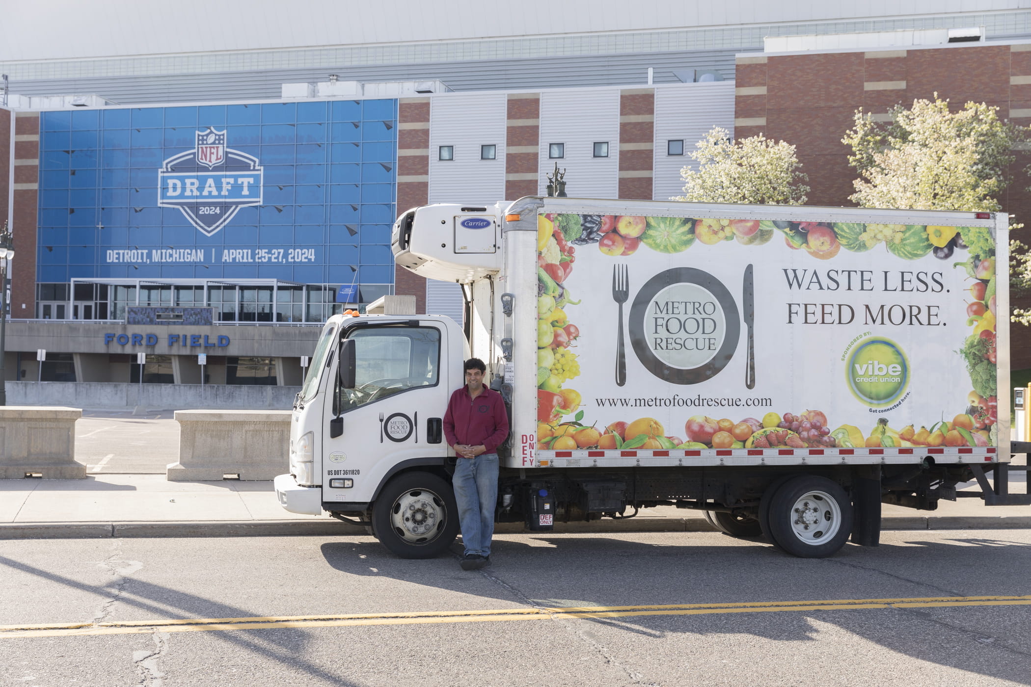 Chad Techner , founder and CEO of Metro Food Rescue, collecting over 72,000 pounds of leftover food and beverages from the 2024 NFL Draft which was held in Detroit.  Image Source: Metro Food Rescue.