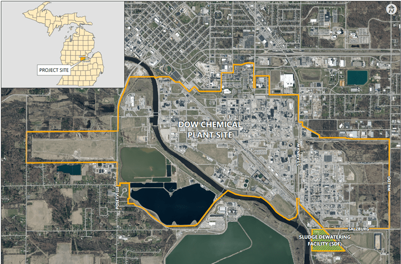 Overhead map of the Dow Chemical and Salzburg Landfill facilities