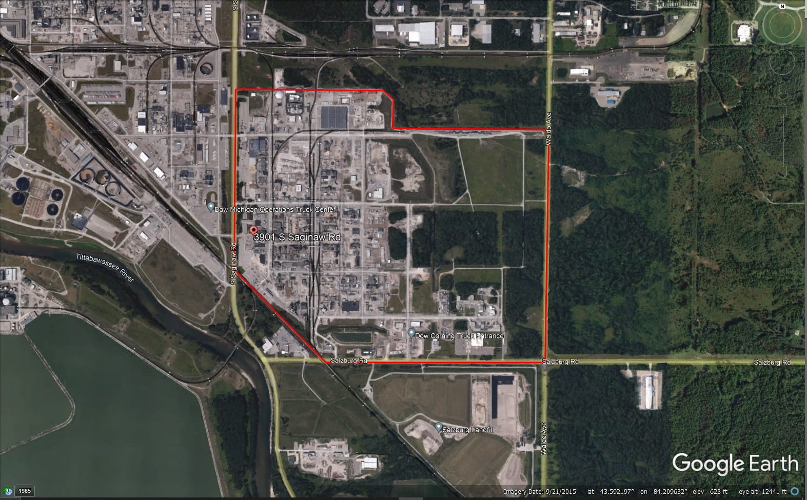 An overhead property boundary of the Dow Silicones facility