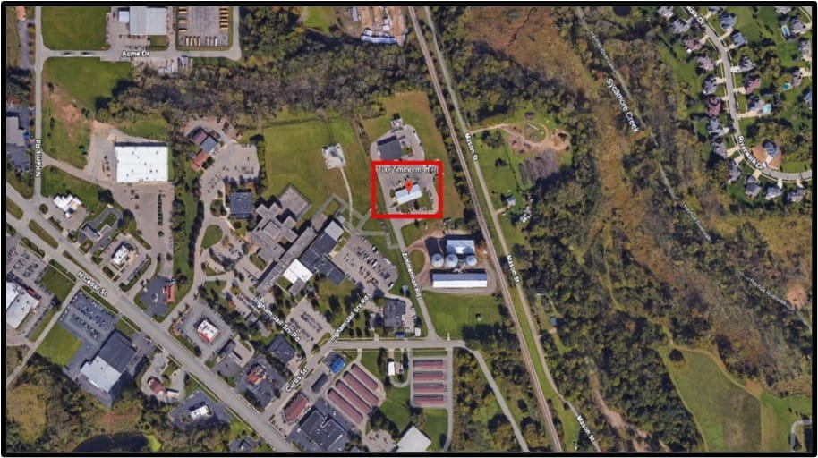 Aerial view of Safety Kleen Service Center outlined in red