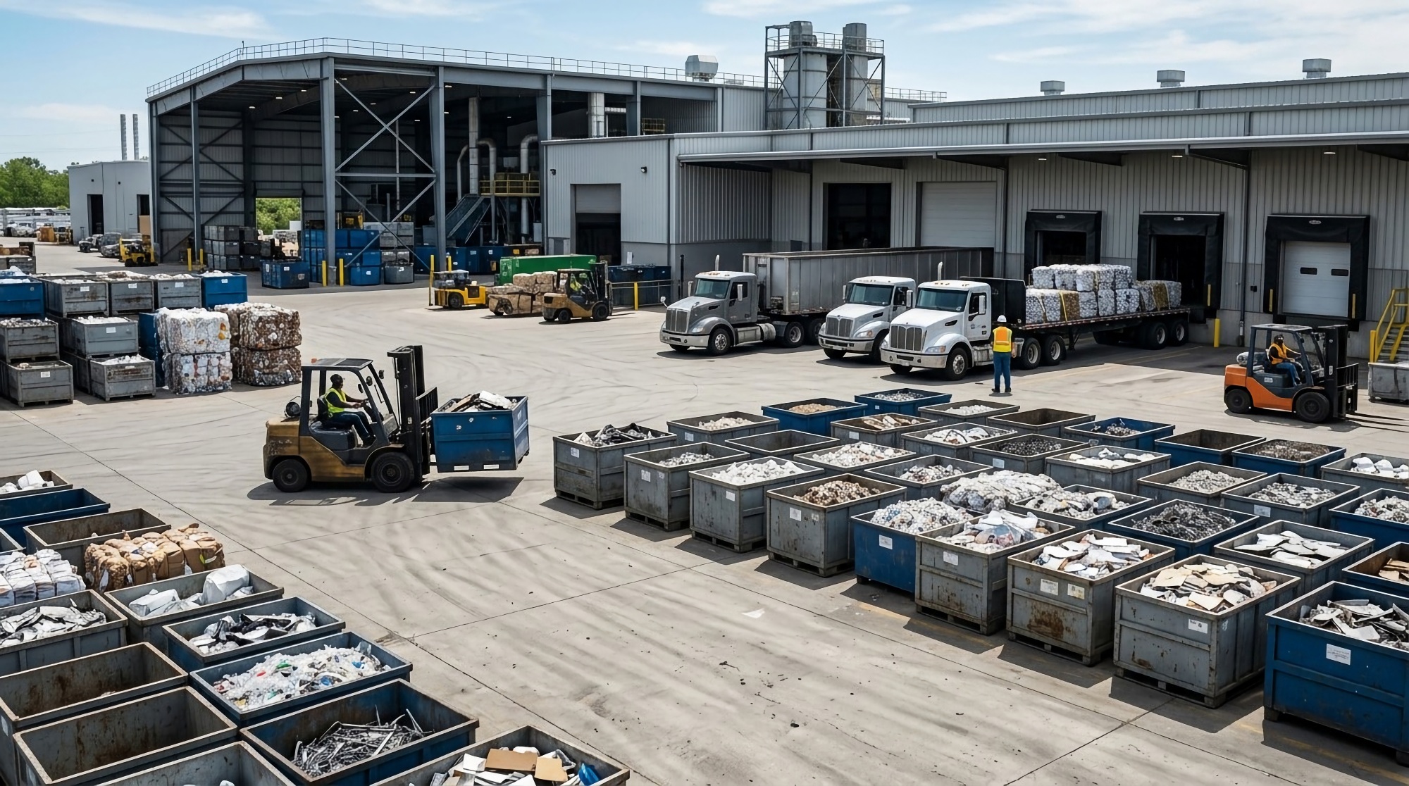 Industrial waste processing center with trucks, containers, and forklift in operation during daytime