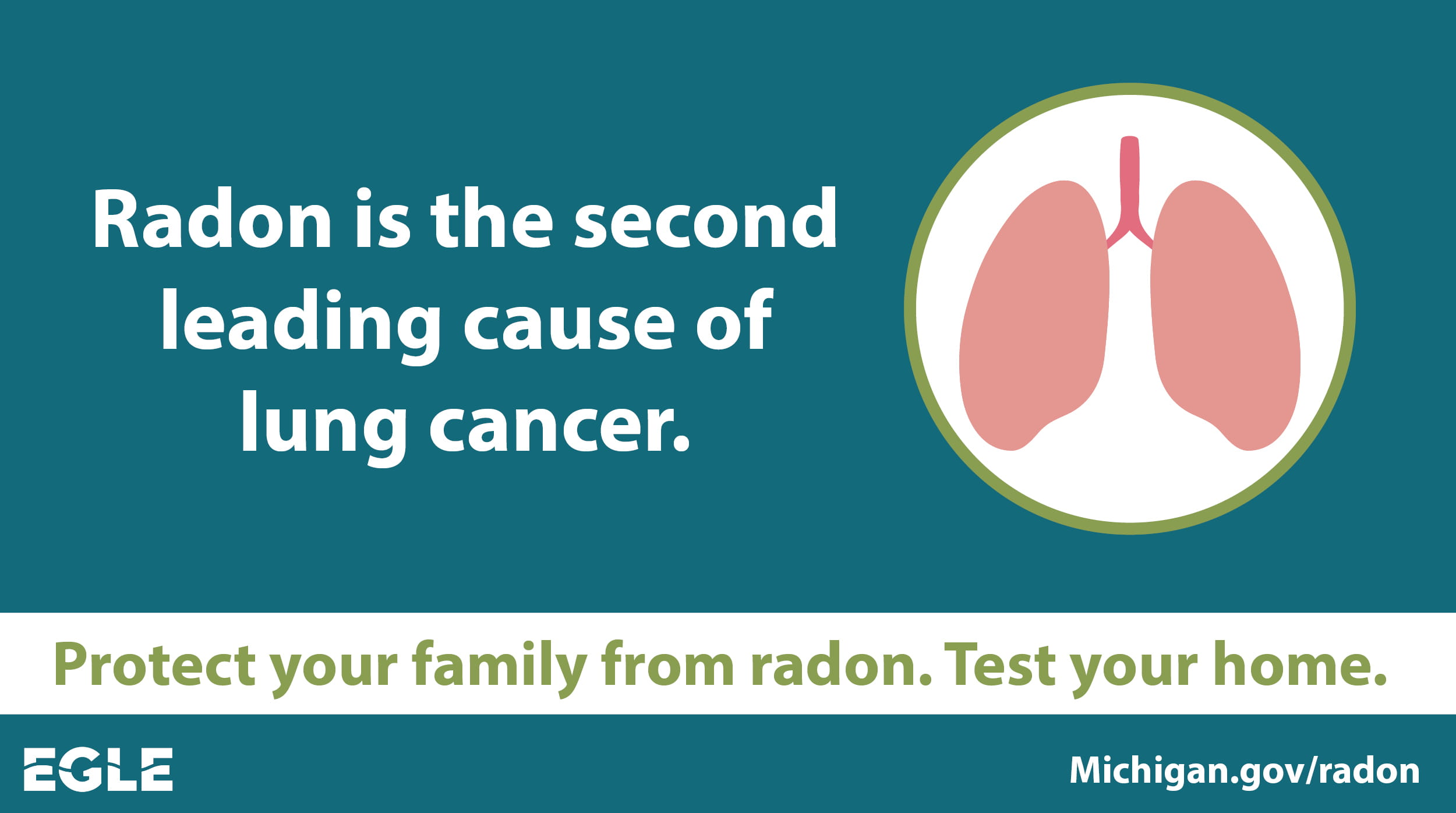 Radon is the second leading cause of lung cancer. Protect your family from radon. Test your home. Learn more at Michigan.gov/radon