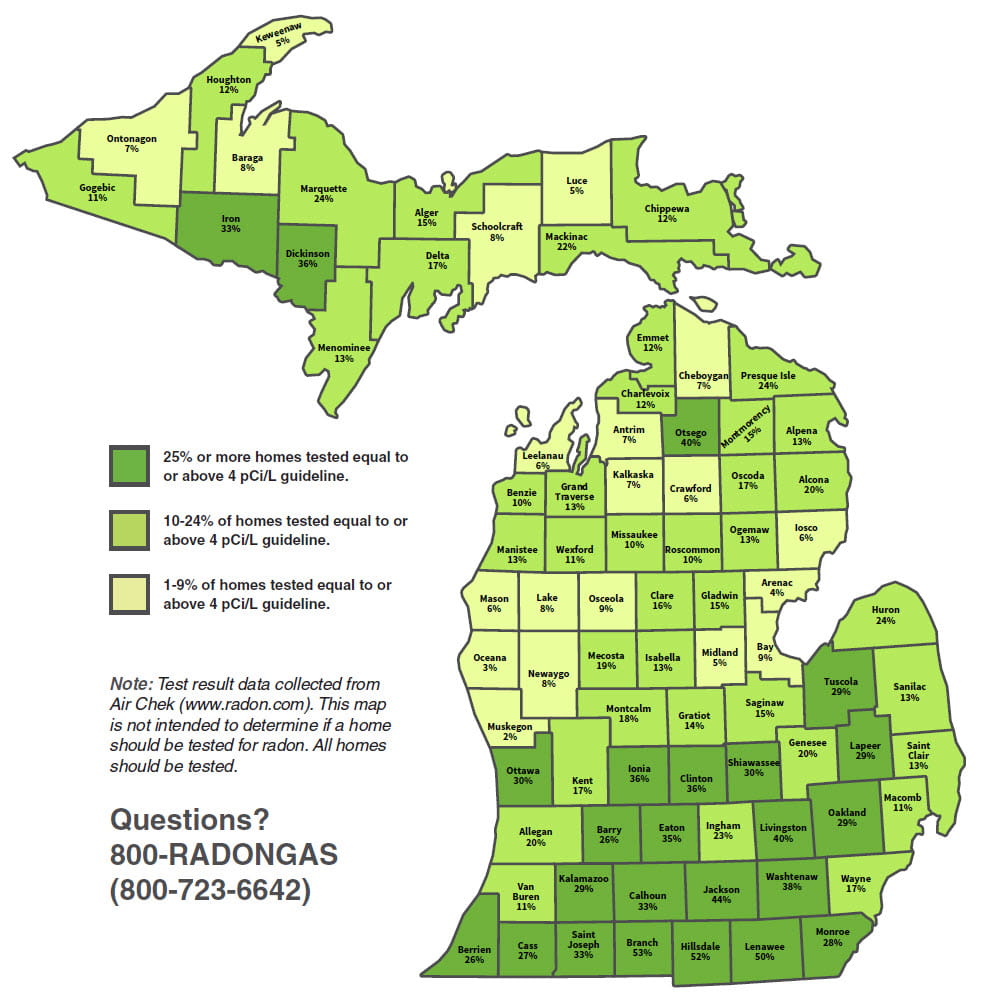 Map of michigan showing different levels of radon across the state