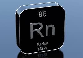 The periodic table symbol of Radon showing Rn and 86 (atomic number) and 222 (atomic weight)