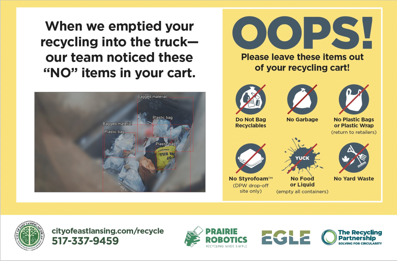 Flyer from East Lansing's artificial intelligence robotic recycling program showing photos of items incorrectly placed into recycling bin.
