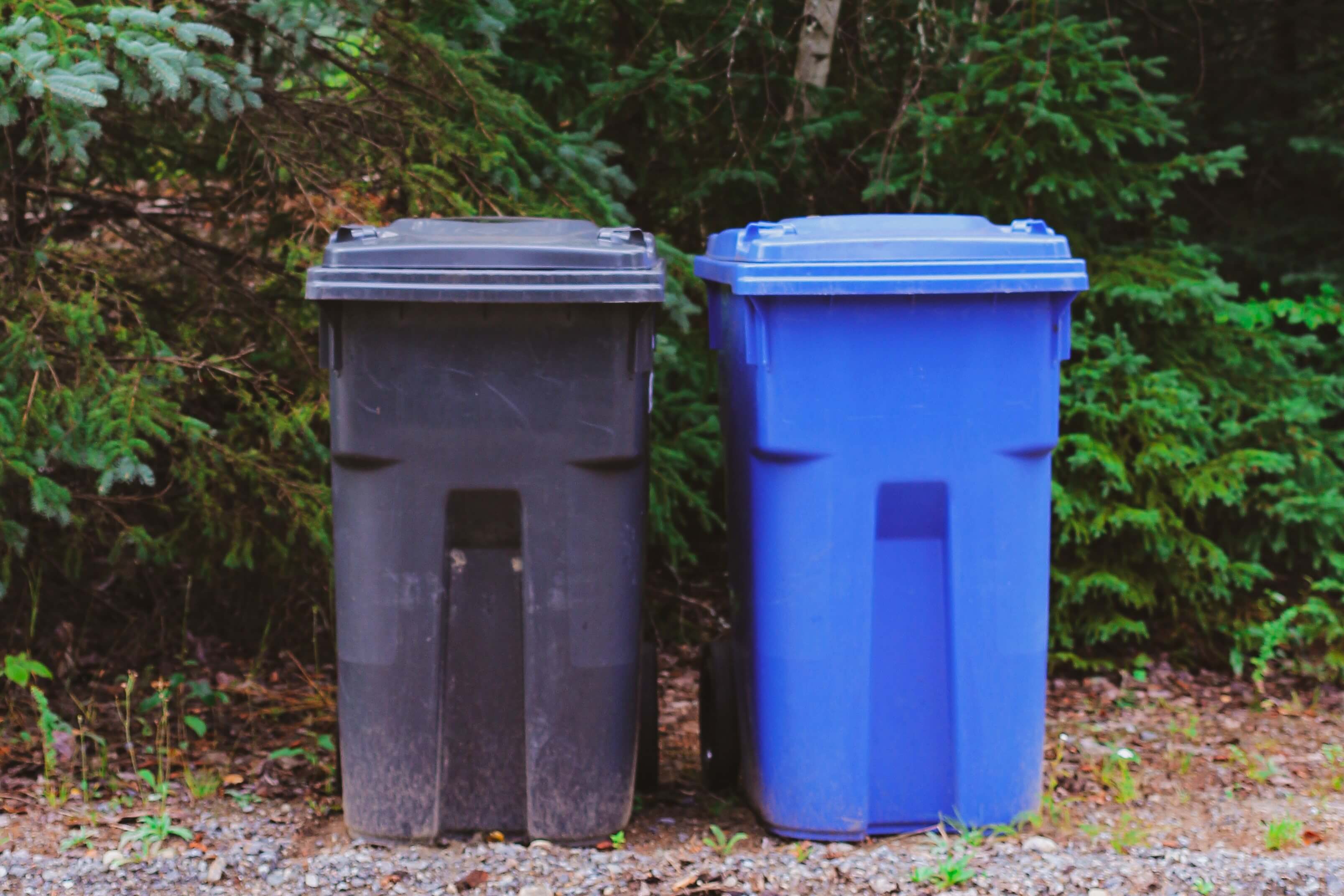 a black and blue trash and recycling bin on the roadside 