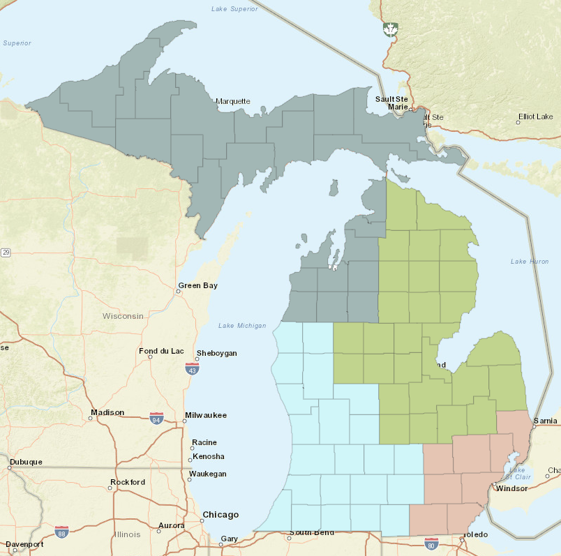 Map of Michigan divided into different colors