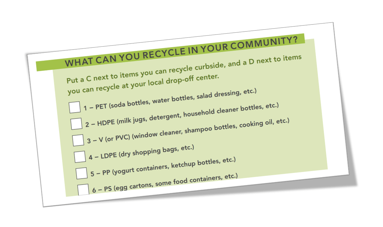 A preview of the Recycle Cheat Sheet; materials are listed with checkboxes next to them