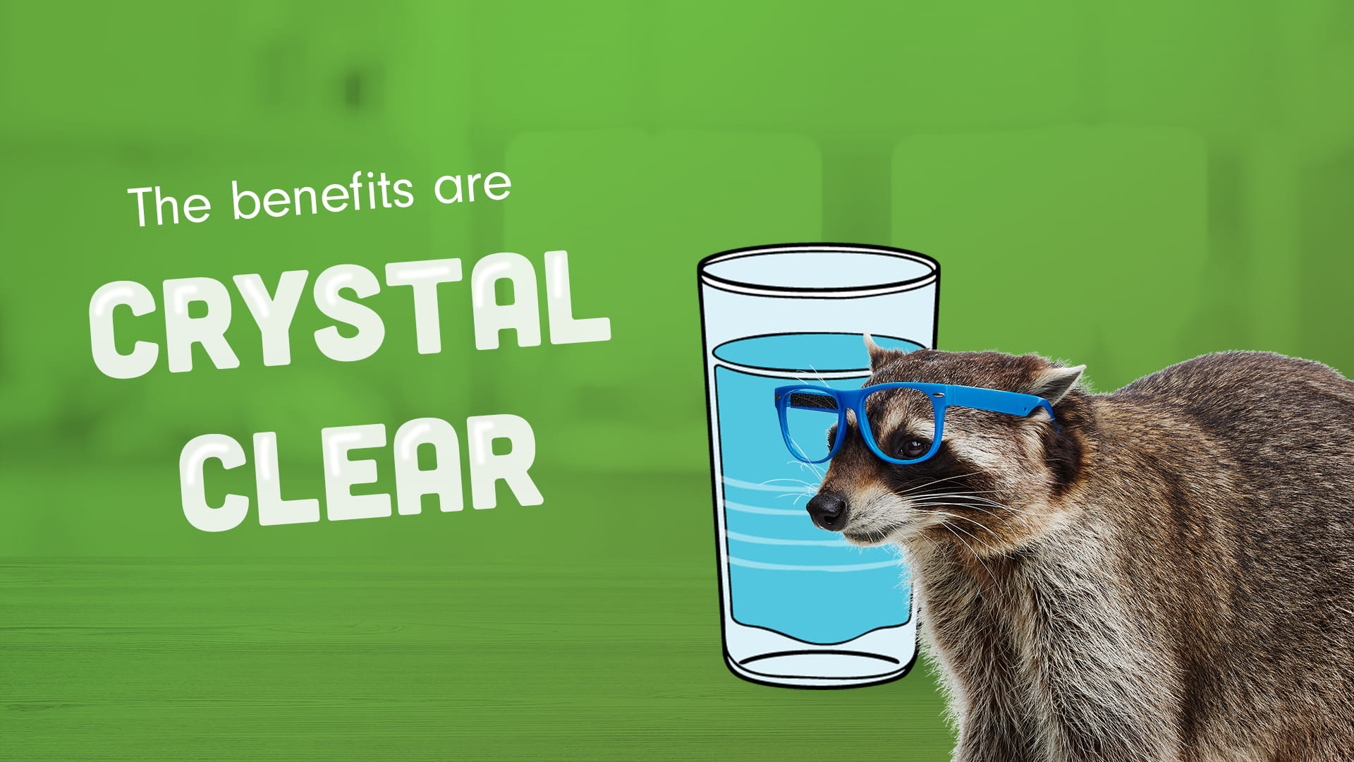Recycling Raccoon wearing glasses next to a glass of water saying the benefits are crystal clear