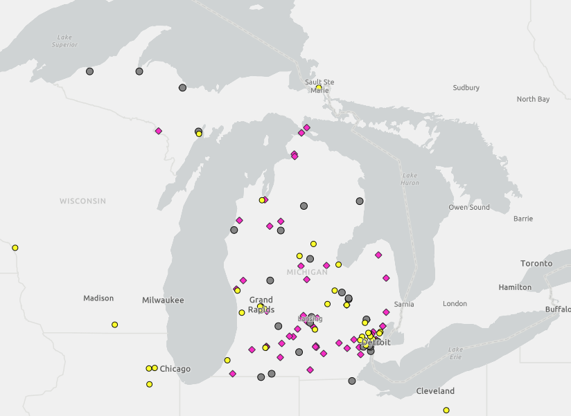 Map of Michigan with circles and squares to mark the location of recycling facilities
