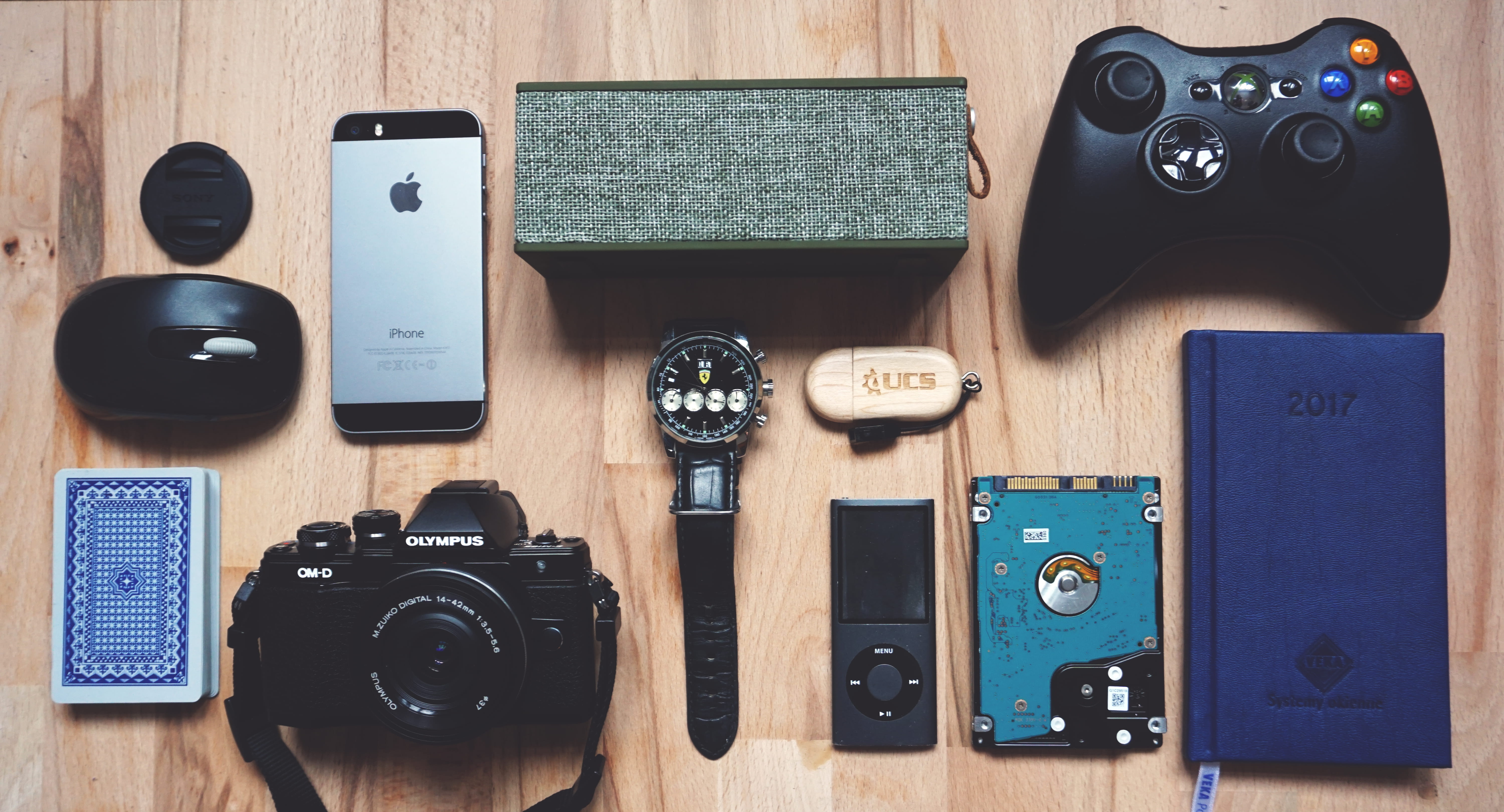 Tabletop of neatly organized electronics