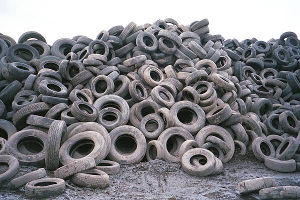 A large pile of scrap tires.