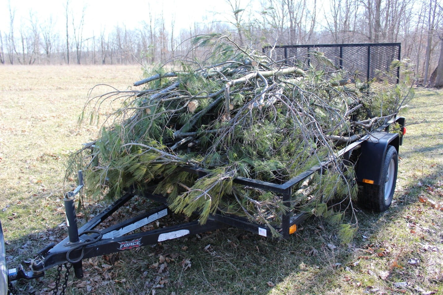 Storm debris piled on an open trailer bed