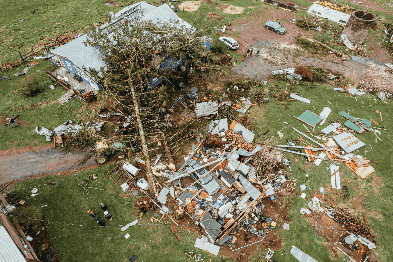 aerial view of a home destroyed by a tornado or other storm