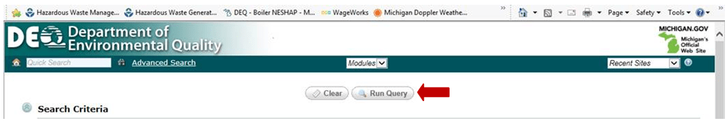 Search Criteria Run Query Button