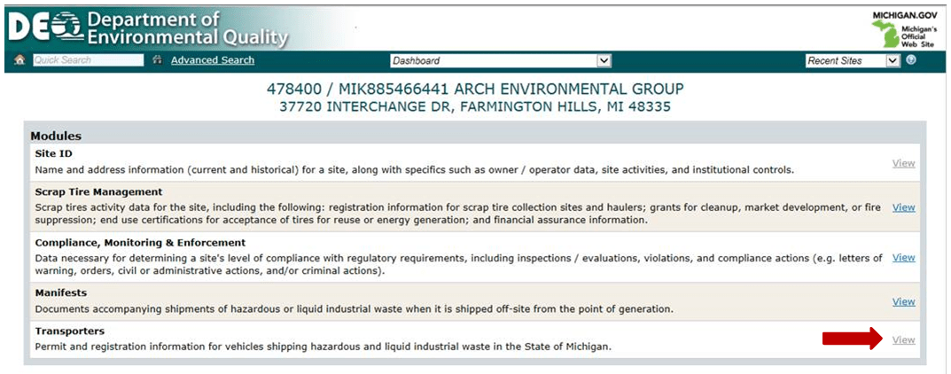 Example of Transporters Module Web Page
