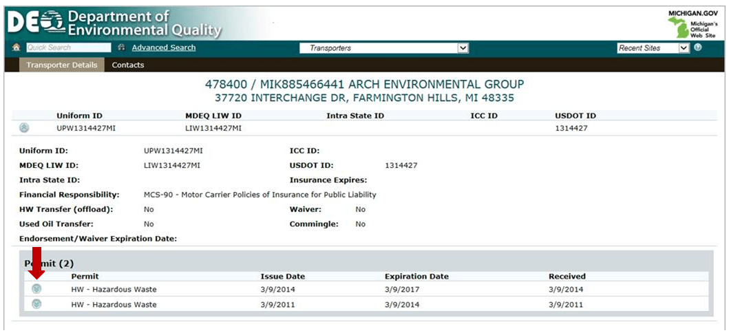 Example of search results showing information related to a transporter's permit and permit expiration dates.
