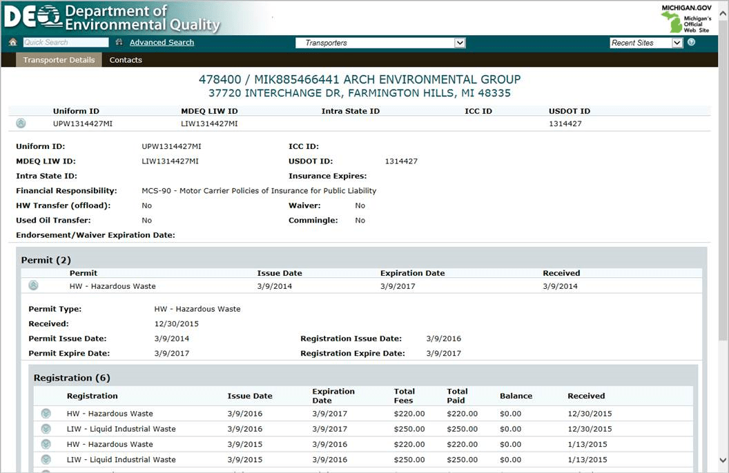 Example showing separate authorization under Act 138 to transport liquid industrial waste/by-products.