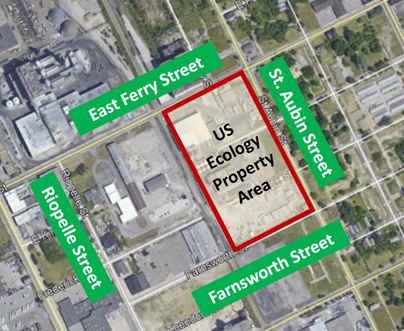 US Ecology Detroit South (EQ Detroit) aerial with street labels and property boundary