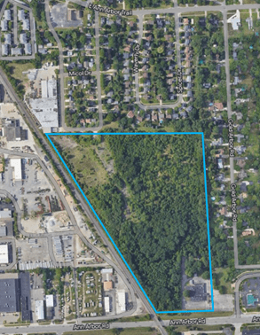 General overhead view of the Wolf Five site outlined in blue.