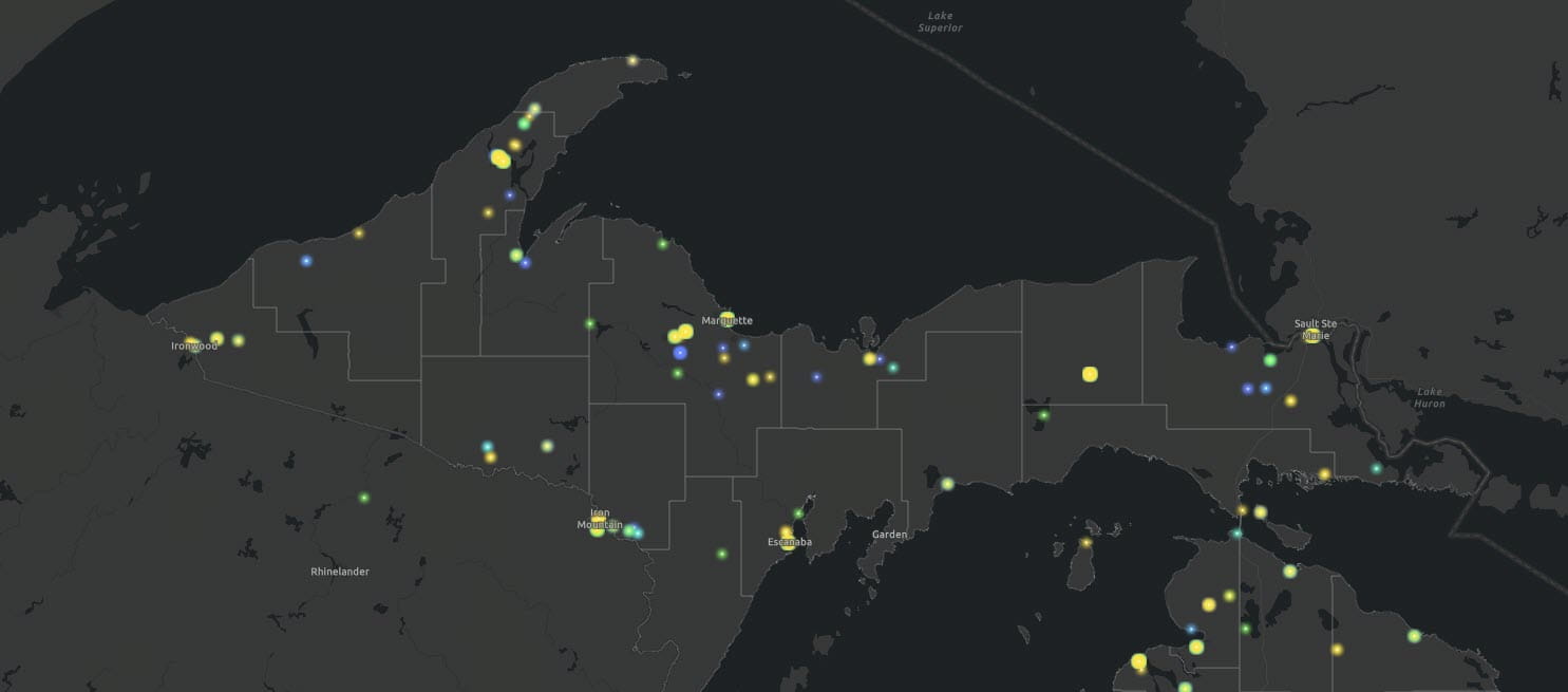 A map of grants and loans distribution in the Upper Peninsula  - points are scattered throughout the state