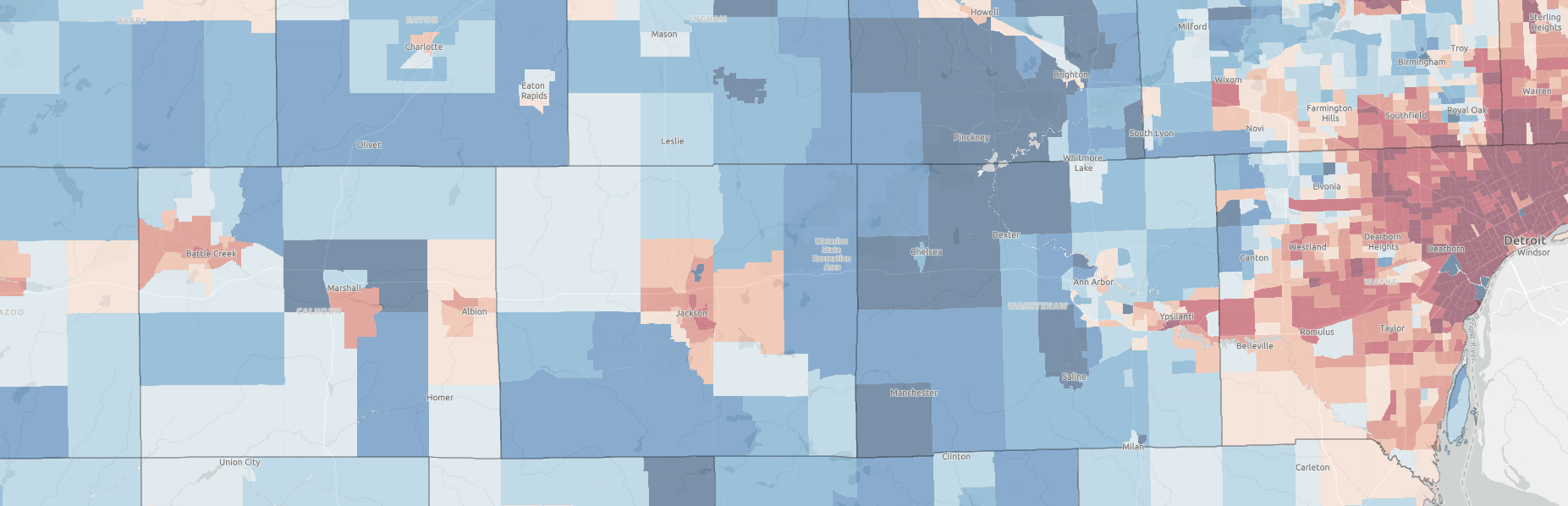 Screenshot of the MiEJScreen tool showing census tracts in blue and red indicating overall EJ score