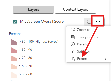 Screenshot of MiEJScreen showing the 'more options' ellipses circled with an arrow to the Export option