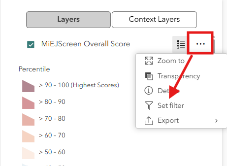 Screenshot of MiEJScreen showing the 'more options' ellipses circled with an arrow to the Set Filter option