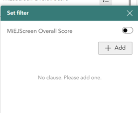 Screenshot of MiEJScreen set filter menu showing a toggle and an Add button